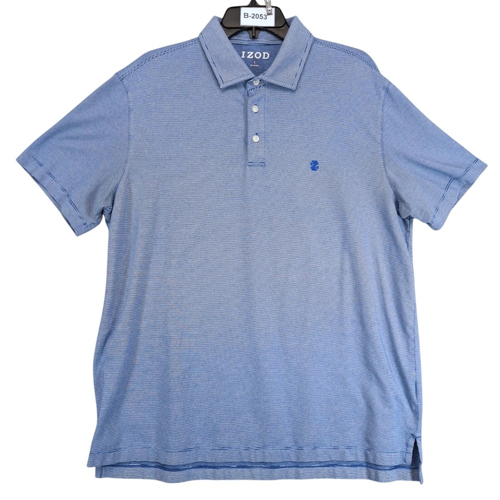 Izod Blue Striped Polo Shirt Mens L Stretch Cotton Blend Logo Preppy Golf Resort